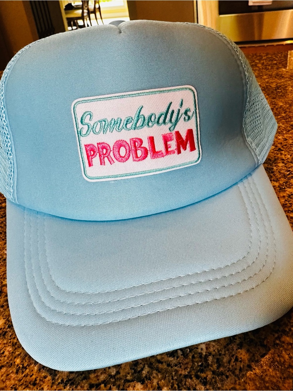 Baby Blue Trucker Hat Somebody’s Problem Embroidered Patch - Picture 3 of 5